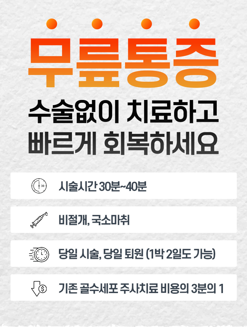 무릎통증! 수술없이 치료하고 빠르게 회복하세요.